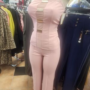 Women’s Pink Strapless Jumpsuit with Gold Accent